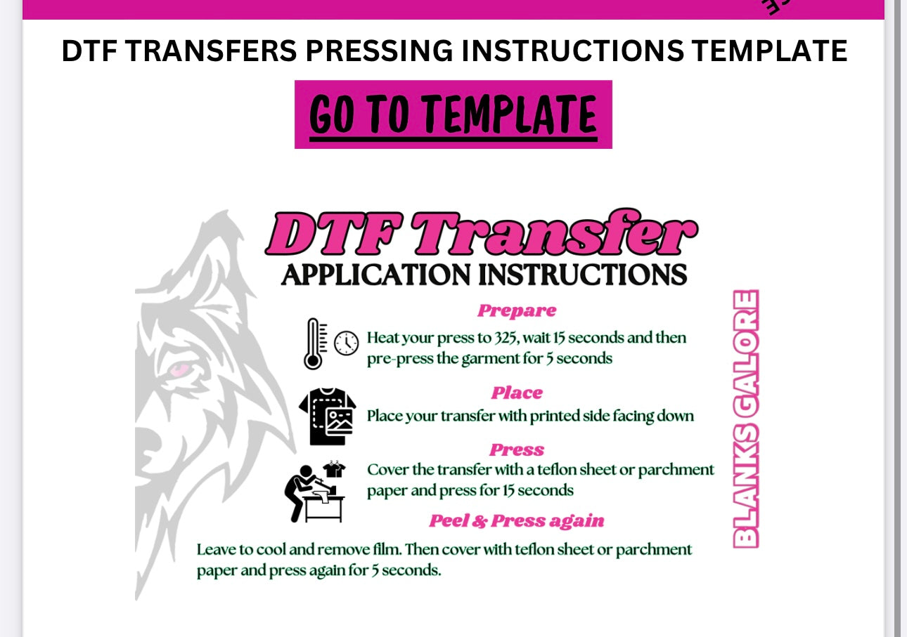 DTF Transfers Pressing & Washing Instructions Editable Template