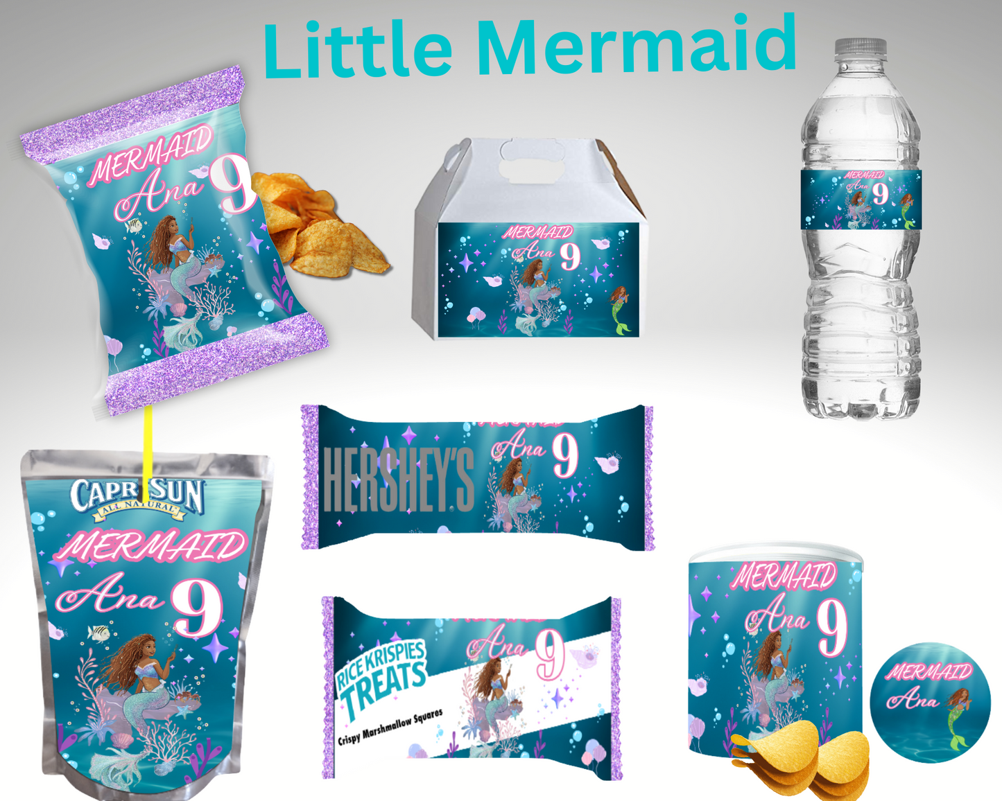 Little Mermaid Bundle Party Favor Canva Design & Templates (7 editable templates and designs)