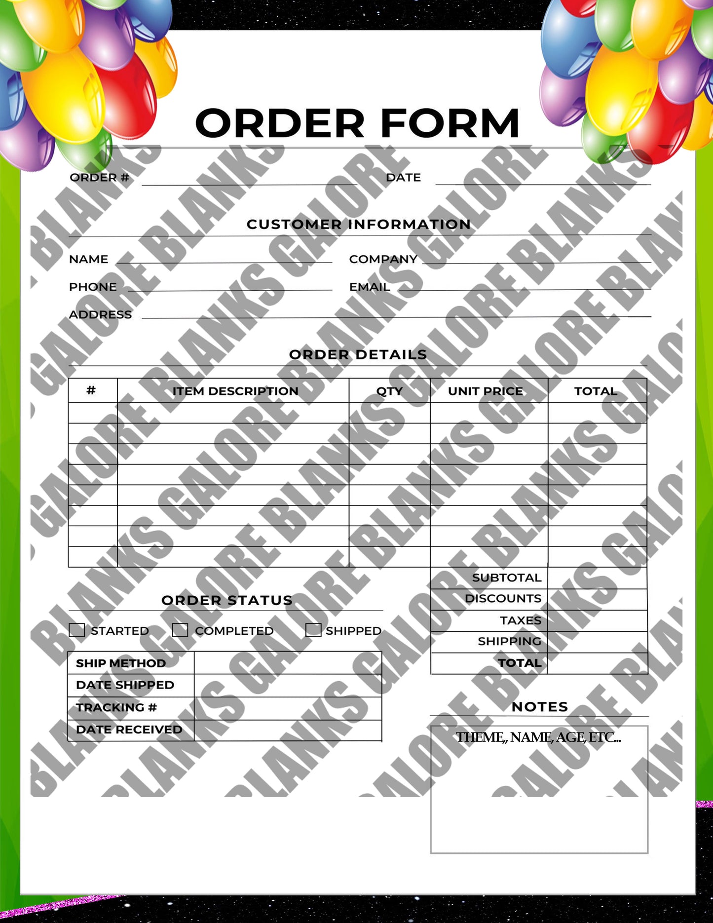 Order Form For Party Favors