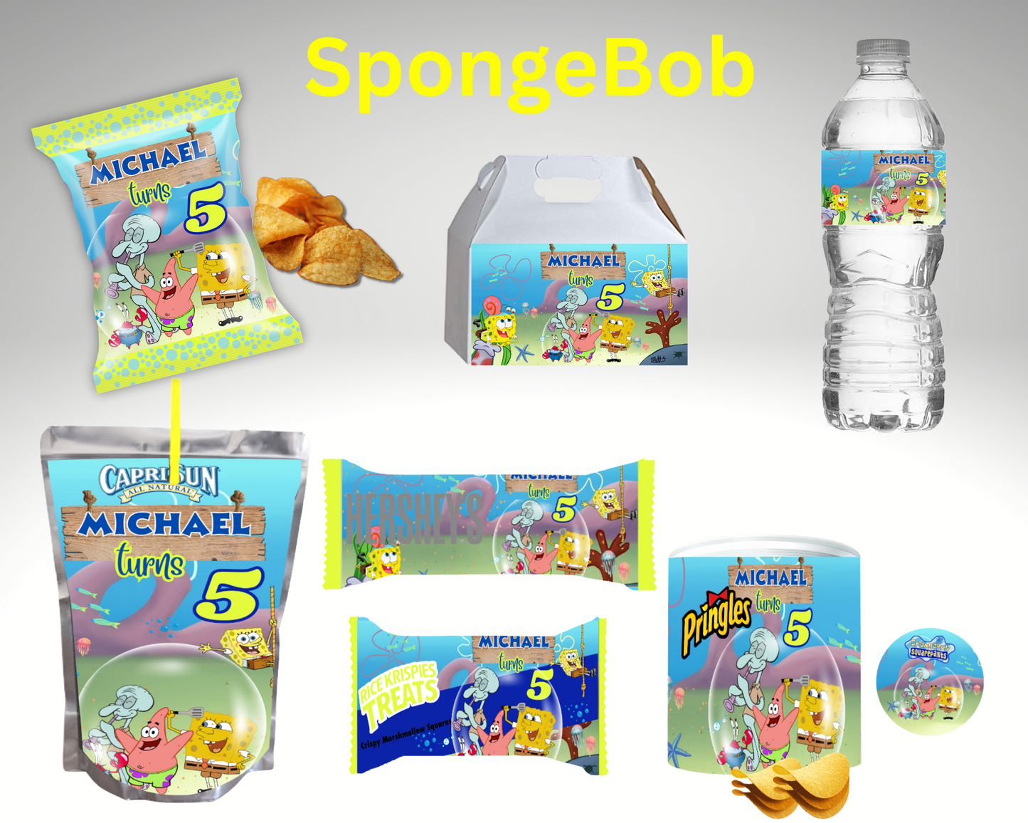 Spongebob Bundle Party Favor Canva Design & Templates (7 editable templates and designs)