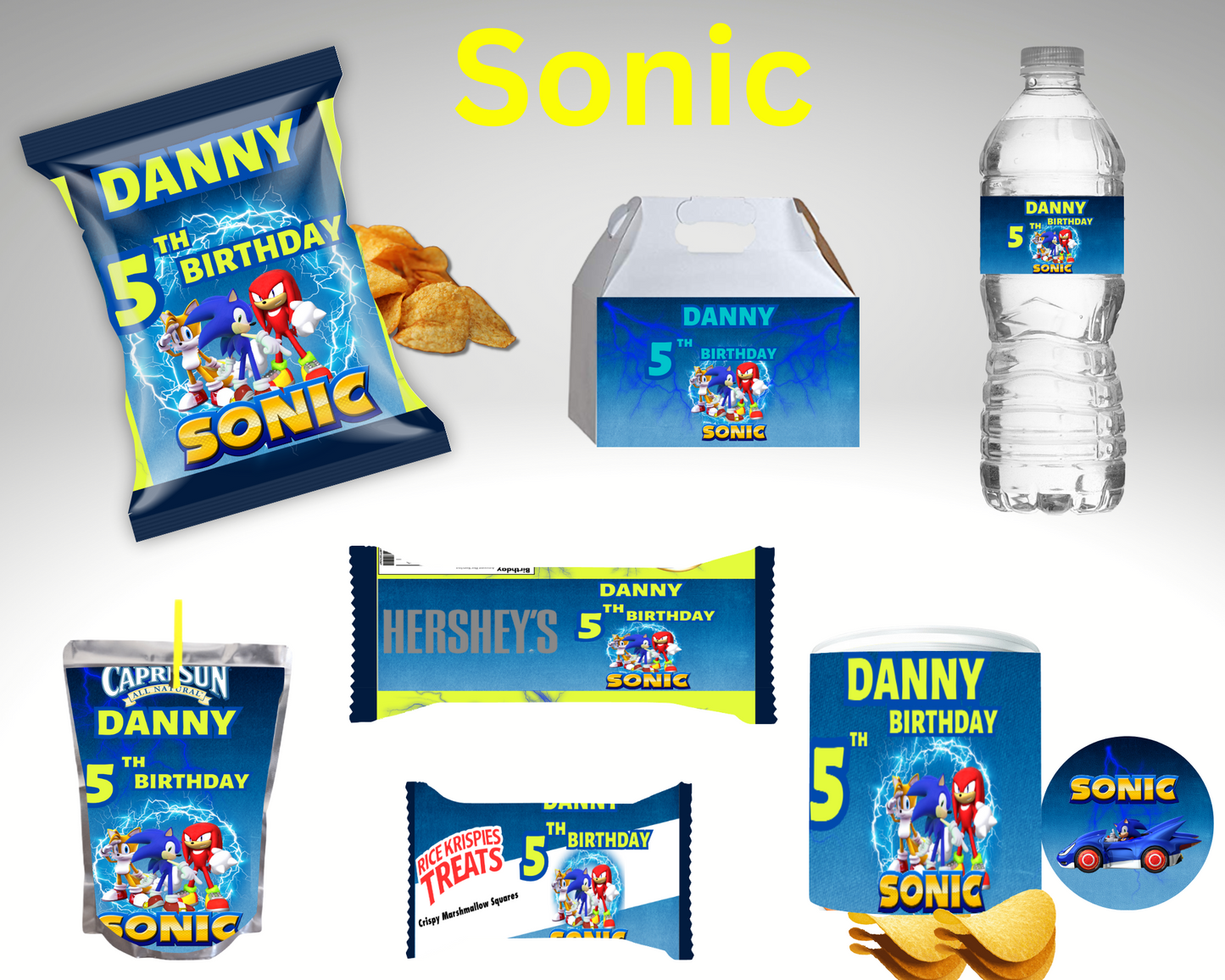 Sonic Bundle Party Favor Canva Design & Templates (7 editable templates and designs)